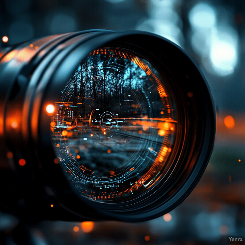 A close-up view of an optical lens with a futuristic appearance and orange glow.