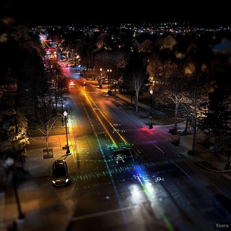 An empty street at night with various sensors and devices scattered about.