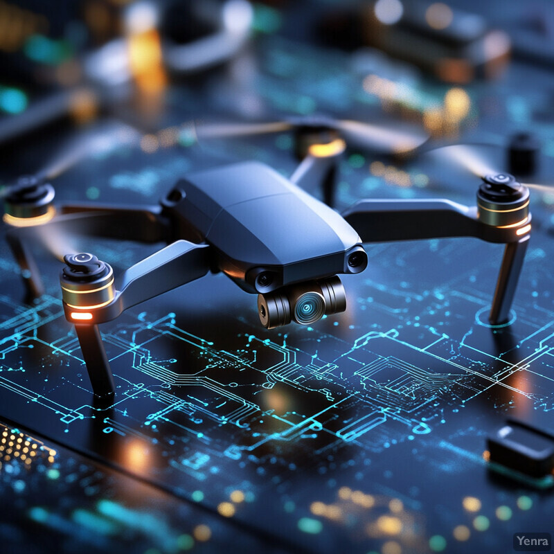 A drone with multiple sensors and cameras is positioned on top of a circuit board or motherboard in a laboratory or workshop setting.