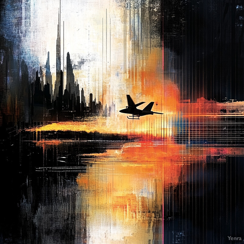 An abstract painting featuring a fighter jet flying over a cityscape at sunset.