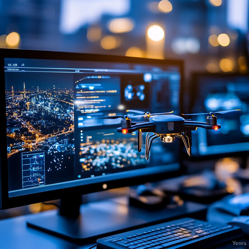 A computer monitor displays a drone identification and classification system on its screen, with various data points and graphs overlaid on top of the drone.