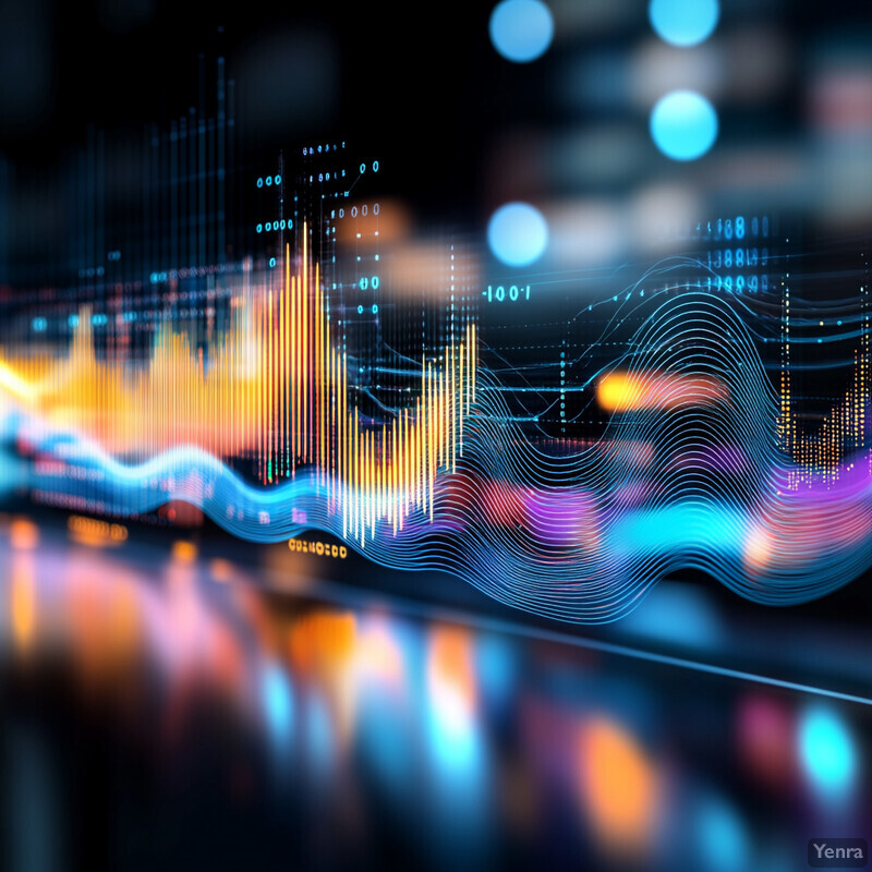 Abstract representation of signal intelligence and radio frequency analysis featuring a dynamic waveform with multiple peaks and troughs in various colors.