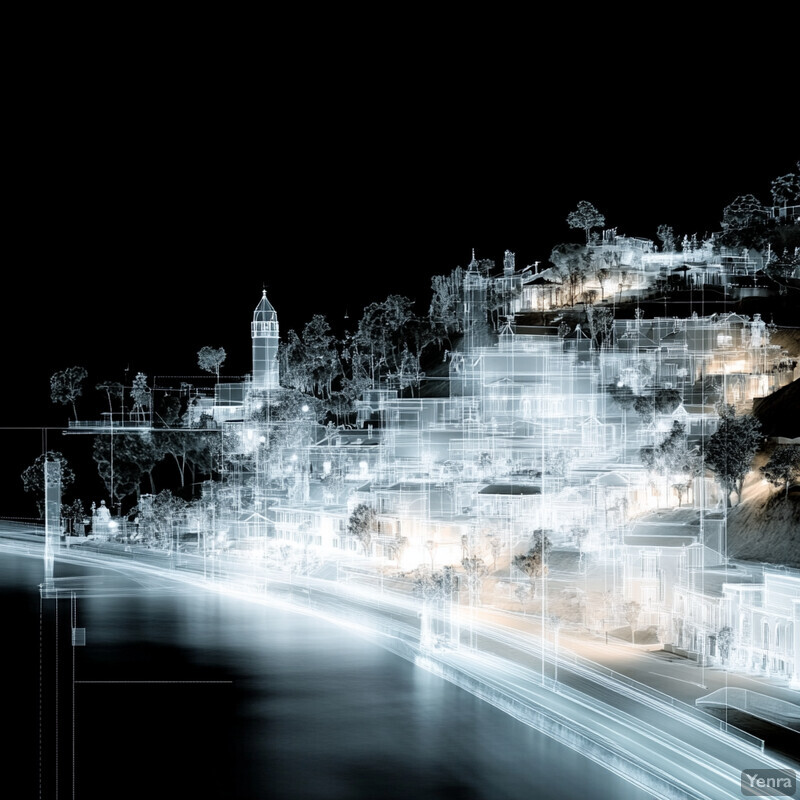 An architectural rendering or blueprint of a cityscape at night.