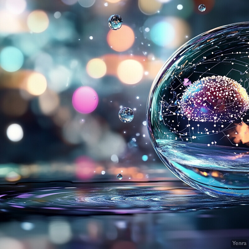 A futuristic scene with a large, glowing orb and smaller iridescent orbs on a reflective surface.