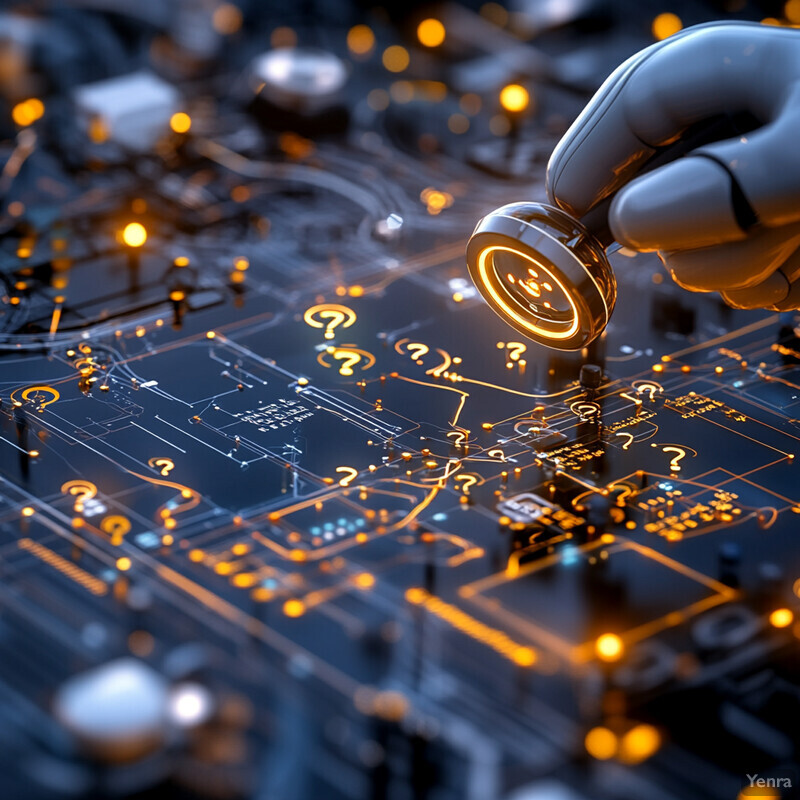 A robotic hand holds a glowing circular object over a dark blue circuit board.