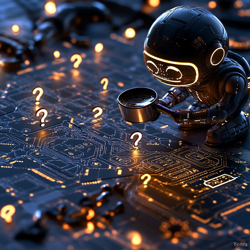 A black robot stands on a circuit board holding a shiny metal cup and surrounded by question marks.