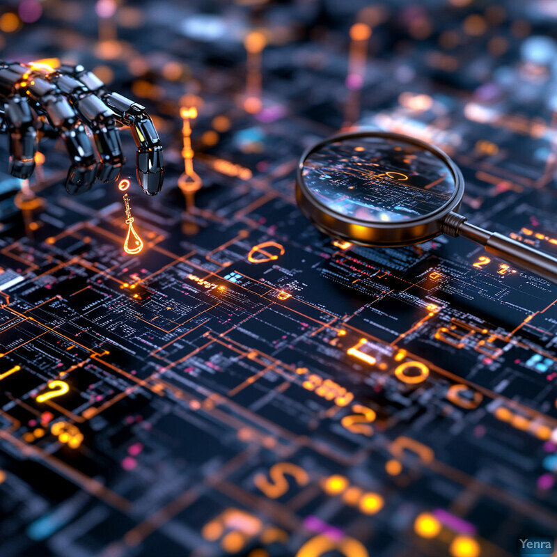 A robotic hand hovers over a circuit board with a magnifying glass nearby, suggesting a futuristic scene for maintenance or repair.