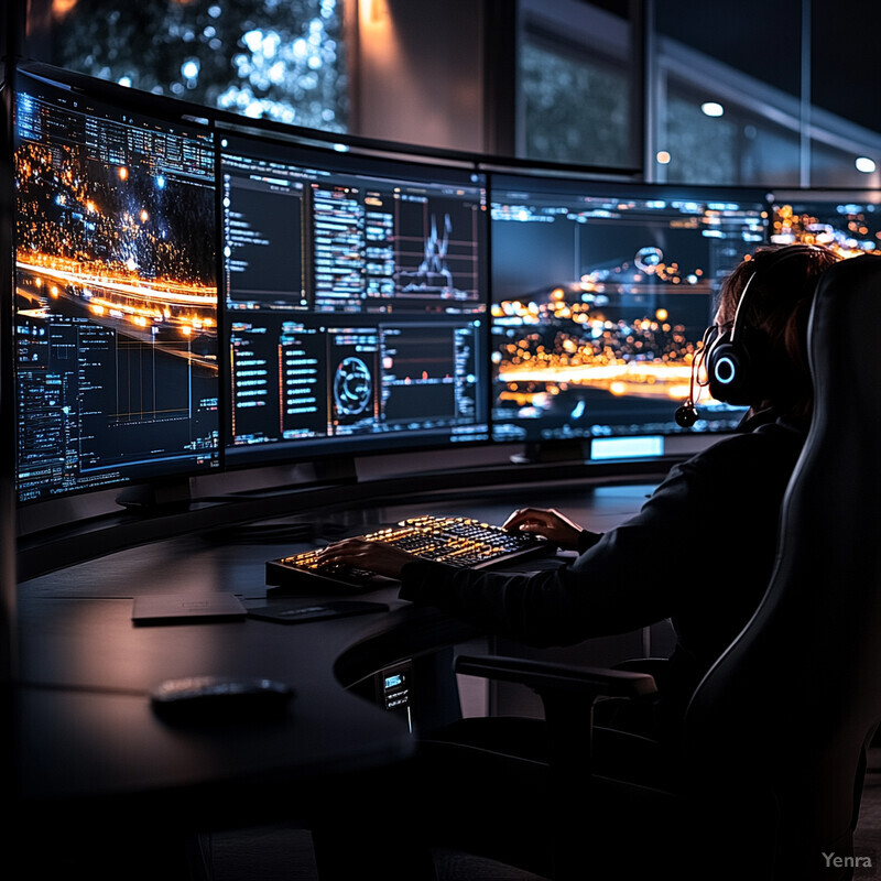 A person is intensely focused on their computer work, utilizing a unique curved monitor setup.