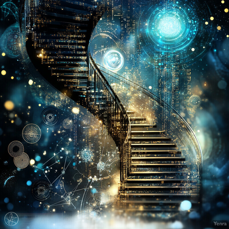 A spiral staircase set against a vibrant, cosmic backdrop.