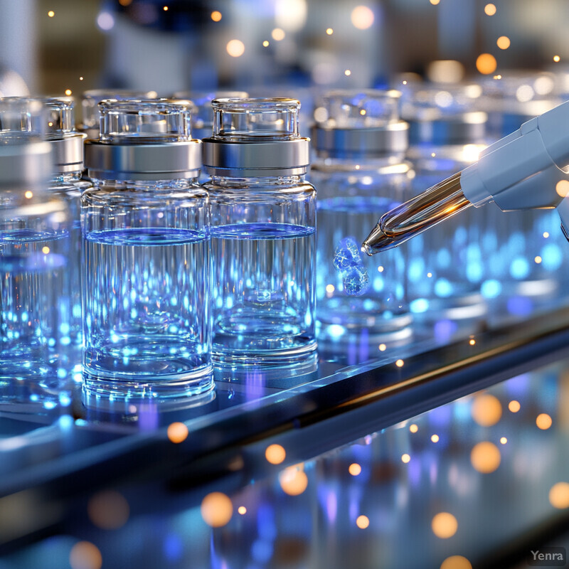 An array of glass vials on metal shelves, illuminated by blue lights.