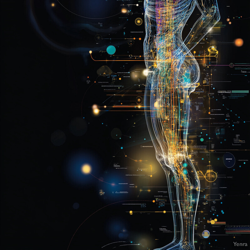 A digital artwork featuring a glowing human body model with an abstract pattern in the background.