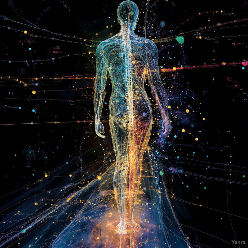 A futuristic representation of a human body with a network of lines and dots superimposed over it.