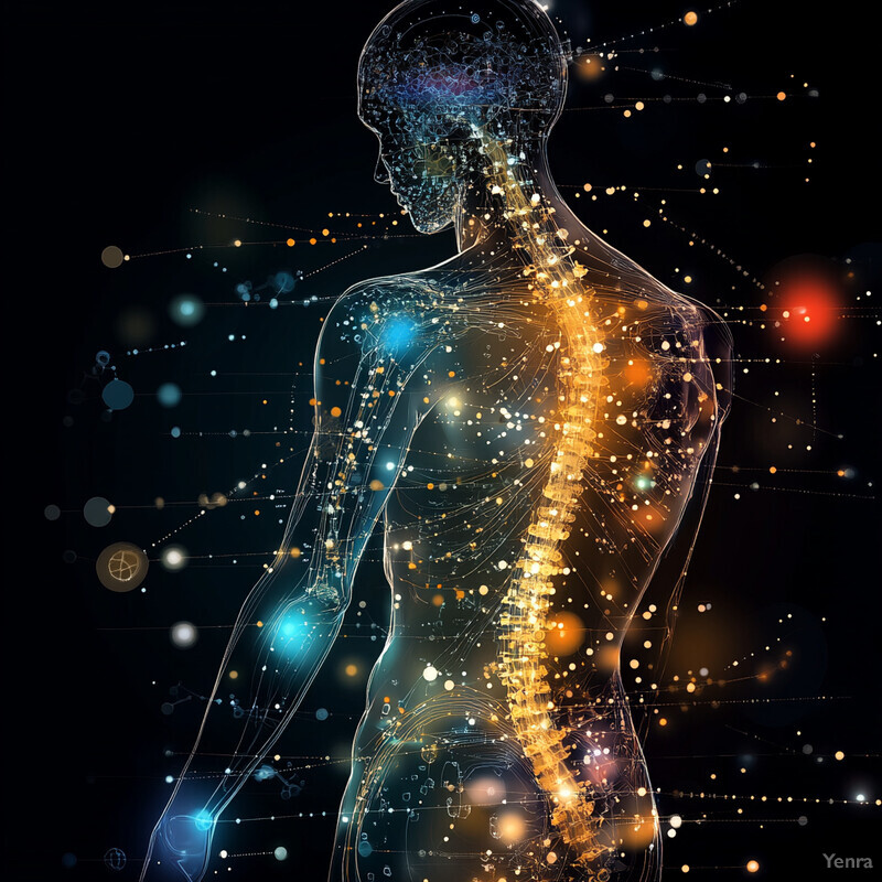 A transparent human body with a glowing spine and brain is depicted in this futuristic medical illustration.