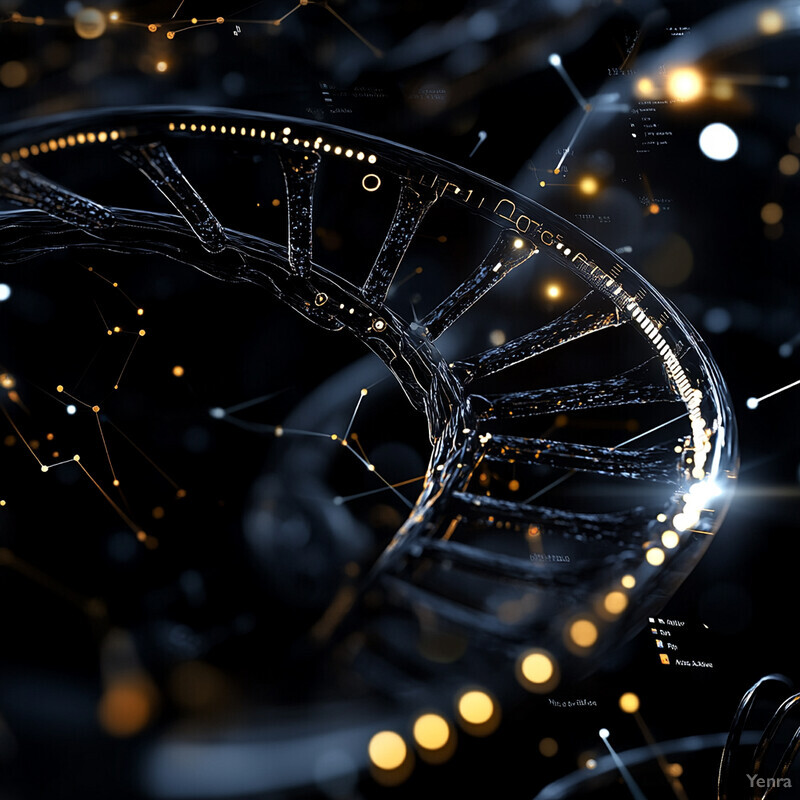 A striking visual representation of DNA with a spiral staircase-like structure at its center, surrounded by gold hues and small circles and lines.