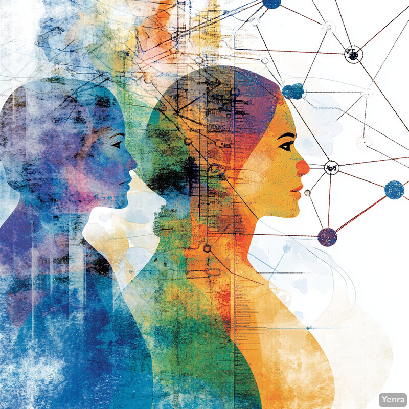 A collage of two women's profiles with geometric shapes and lines overlaid on top.