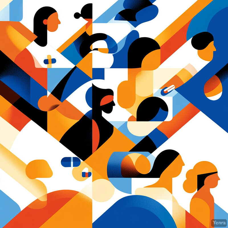 A vibrant and dynamic abstract art piece featuring stylized figures created with geometric forms.