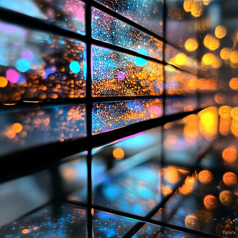 A nighttime scene through a window with black grates, offering a glimpse of the city's vibrant nightlife.