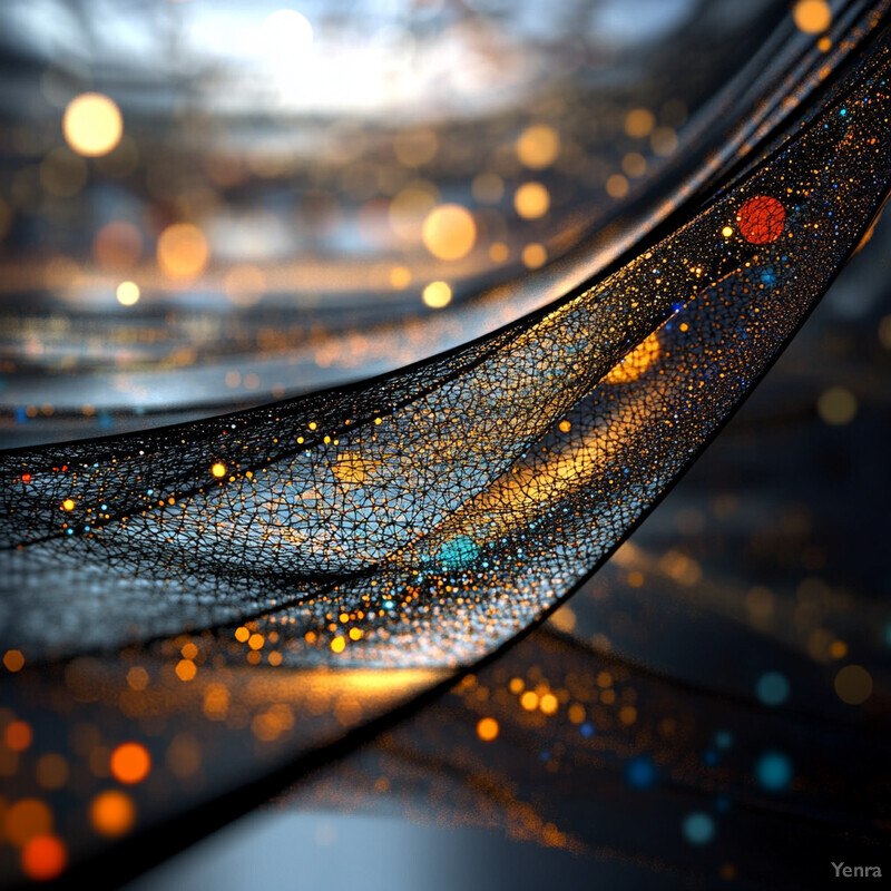 A 3D rendering of a curved, black mesh-like structure with intricate details and vibrant colors.