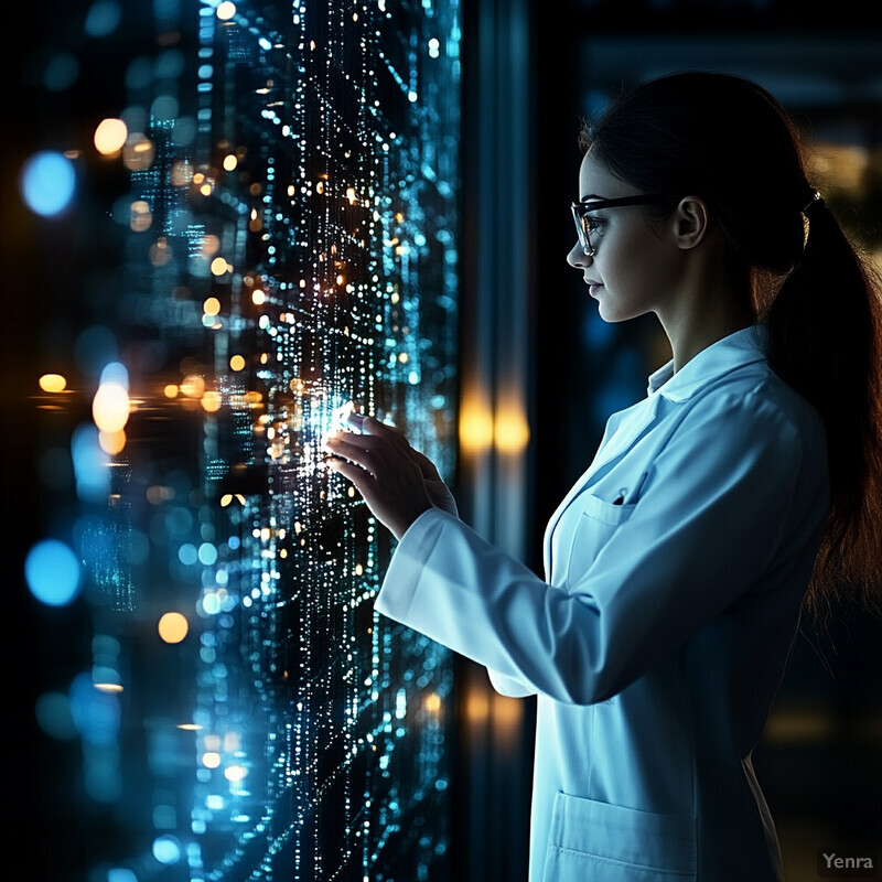 A woman in a lab coat stands by a window at night, gazing out at the city.