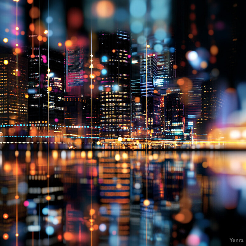 A blurred cityscape at night with a prominent skyline and body of water.