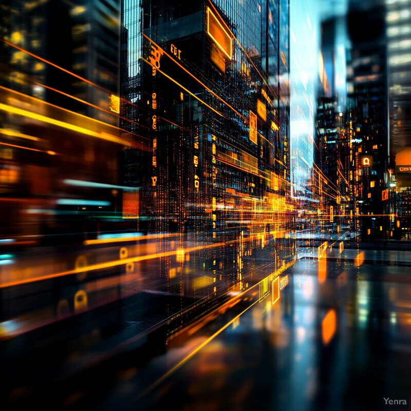 A nighttime cityscape with towering skyscrapers and neon lights.