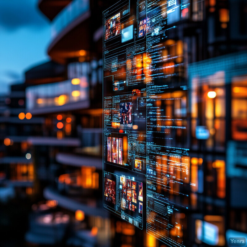 A cityscape at dusk or dawn with a large building in the foreground featuring screens displaying various content.