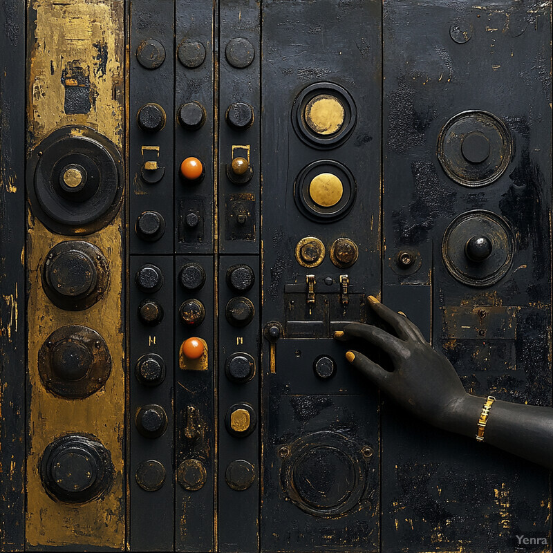 A black hand with gold-painted fingernails grasps a small object in an intricate mosaic artwork.