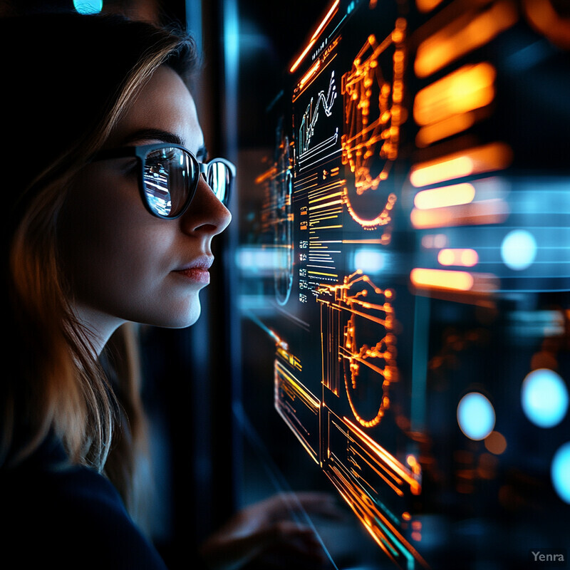 A woman intently gazes at a large screen displaying complex visual elements, likely engaged in data analysis or algorithmic work.