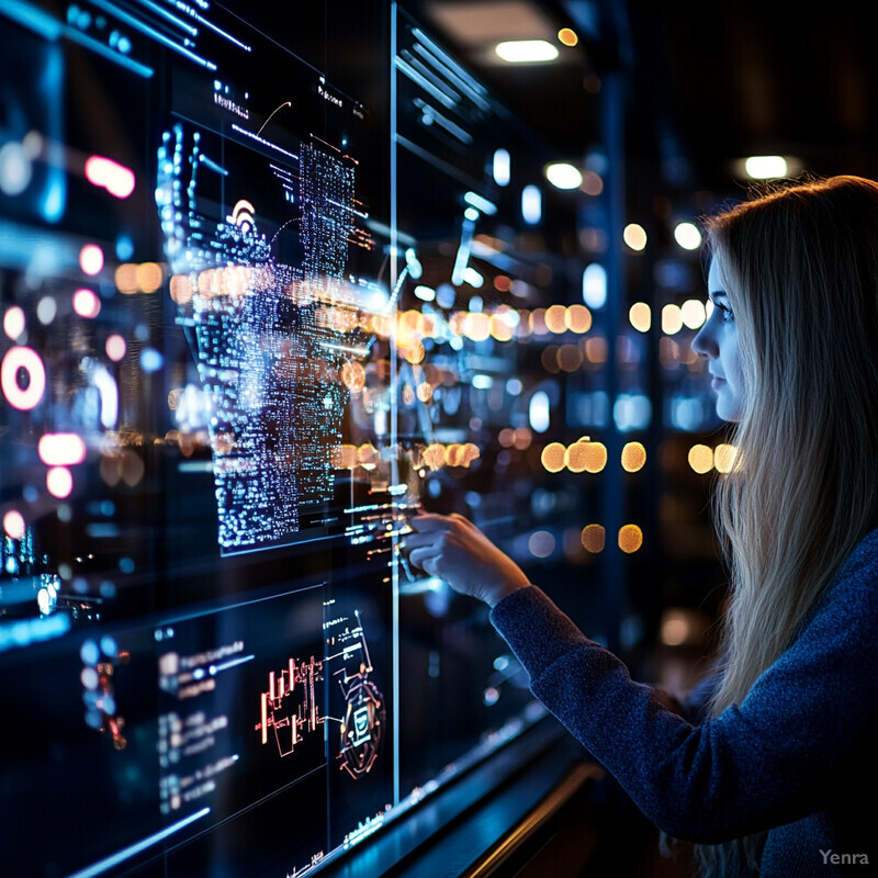 A woman is standing in front of a large screen displaying various graphs and charts.