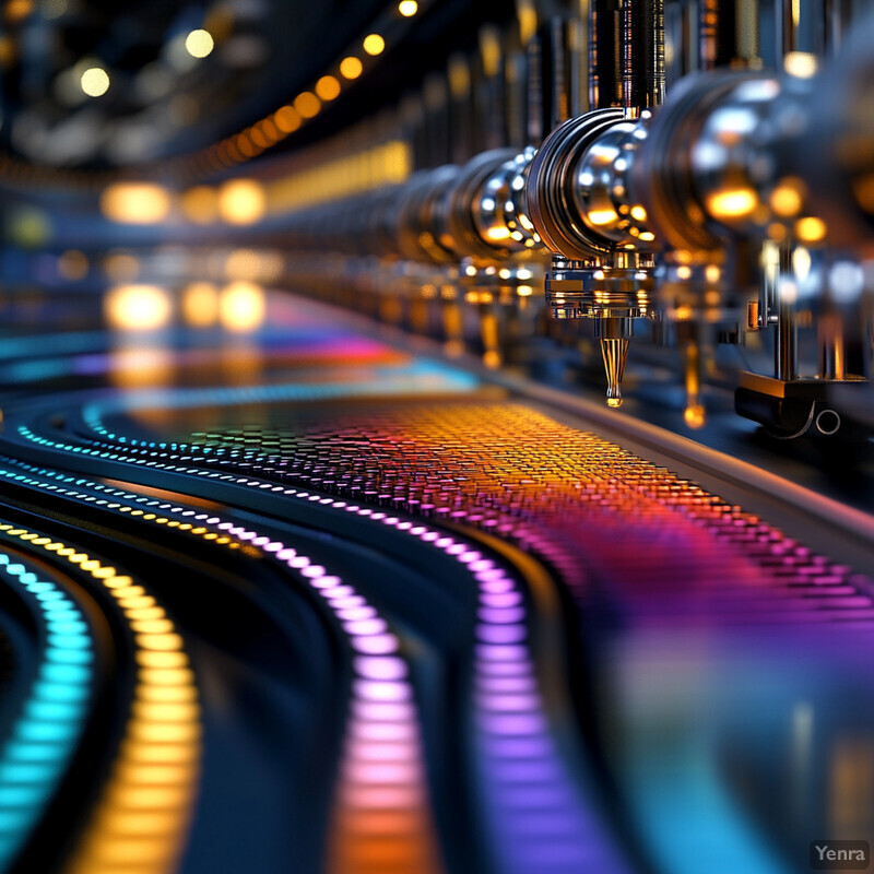 A futuristic factory floor with silver pipes and gold-colored components, featuring a blurred background and colorful lights in the foreground.