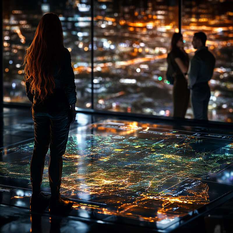 A woman stands in front of a large screen displaying a city map, gazing out at the night sky through a window.