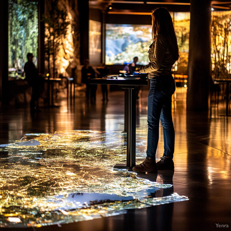 A woman interacts with an interactive exhibit at a museum or art gallery, featuring a large map projected onto the floor.