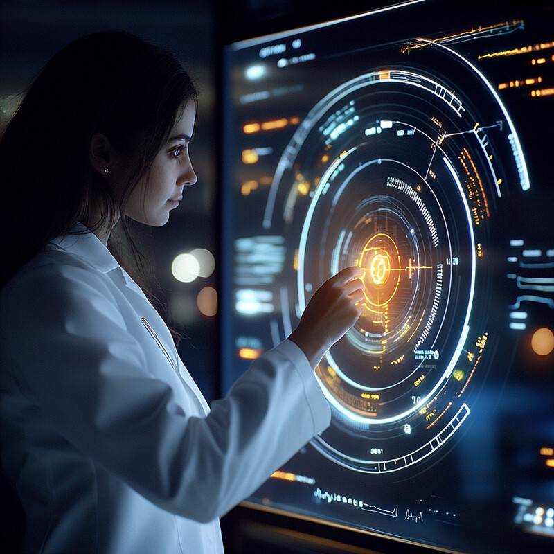 A woman in a lab coat examines a large screen displaying graphs and charts related to public health analytics.