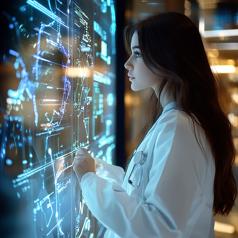 A woman in a white lab coat examines patient data on a large screen.