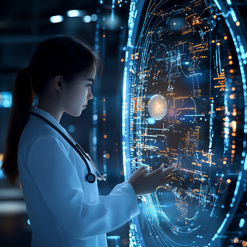 A woman in a white lab coat is analyzing data on a large screen.