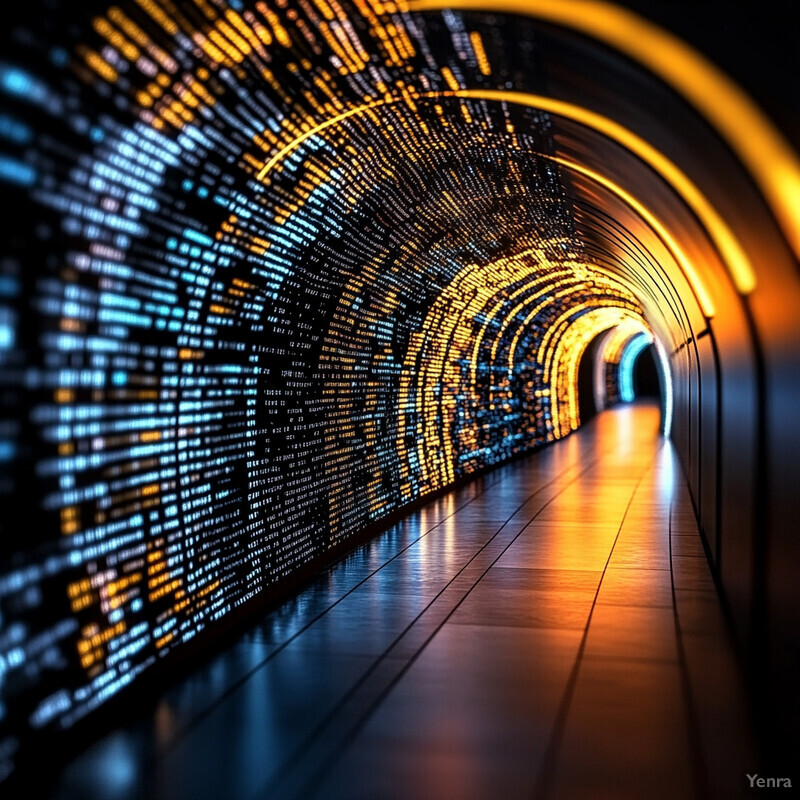 A tunnel with a curved ceiling and walls covered in small, colorful lights resembling binary code.