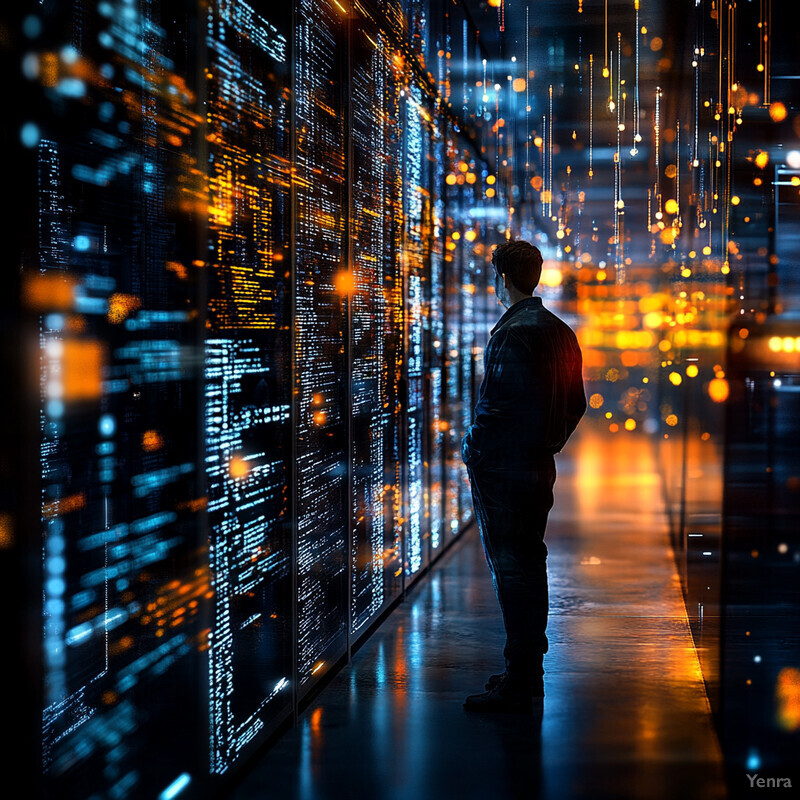 A man stands in front of a large array of computer servers and network equipment, looking at one of the screens intently.