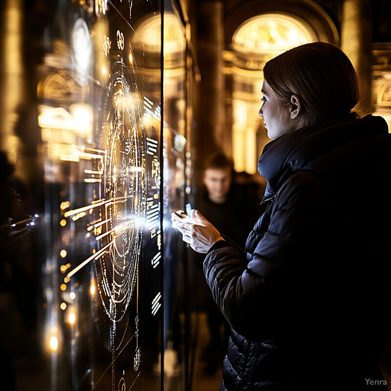 A woman interacts with an advanced technology interface in a grand, dimly lit room.