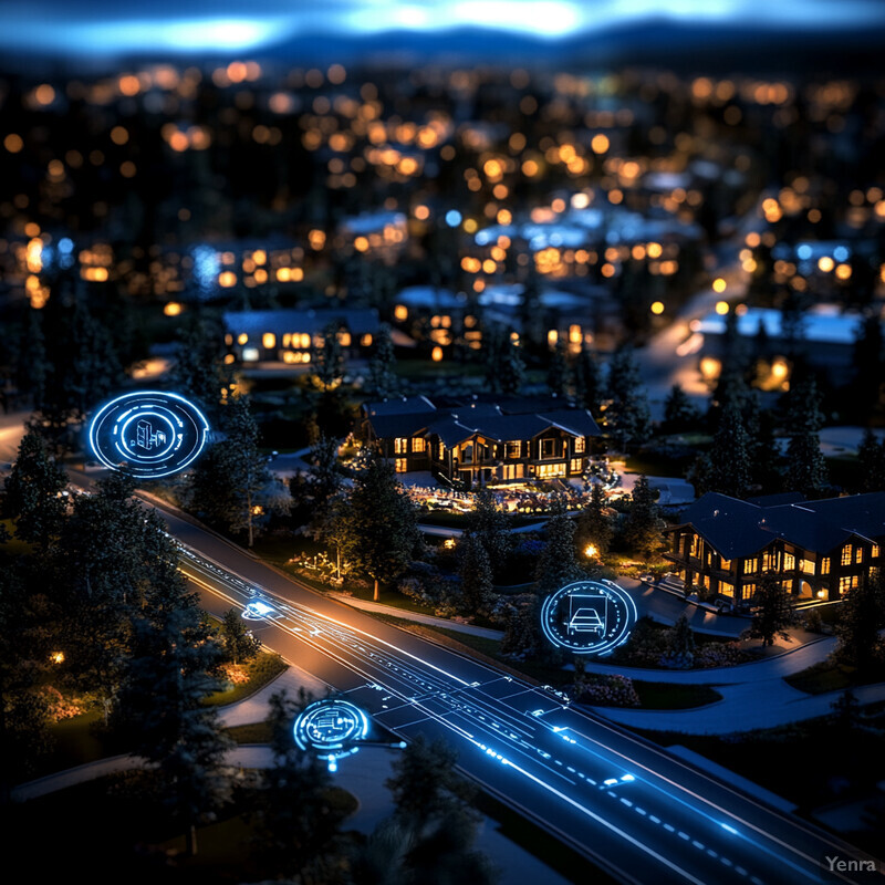 A suburban neighborhood at night, with a focus on the road and surrounding houses.