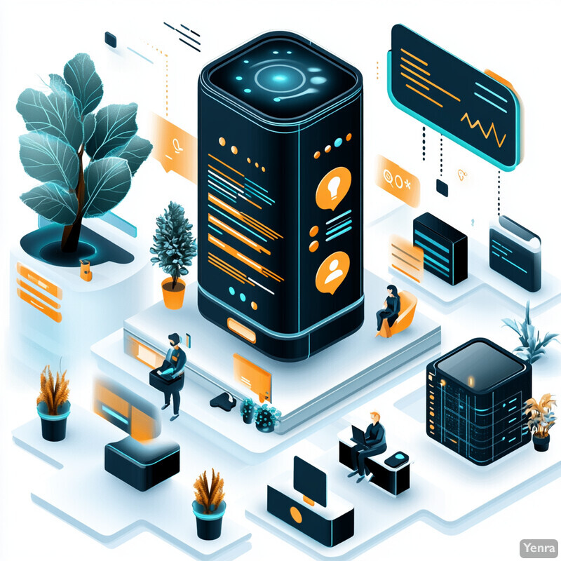 An isometric illustration of a large server surrounded by various objects and people in a modern office or workspace setting.