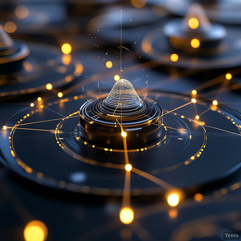 A futuristic-looking circuit board with orange lights and wires connected to it.