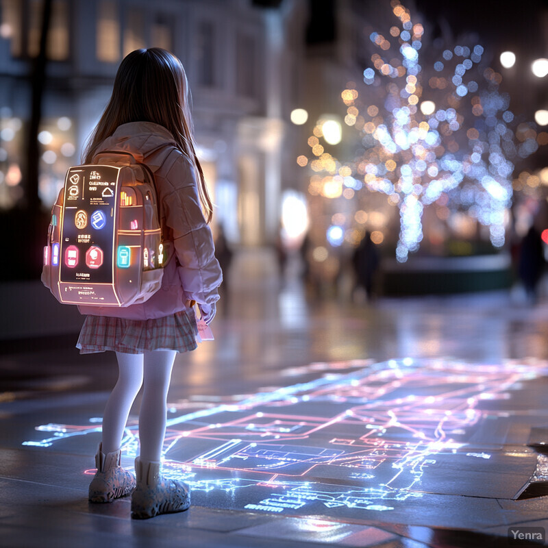 A young girl stands on a sidewalk, gazing up at an interactive map of the city displayed on a large screen.