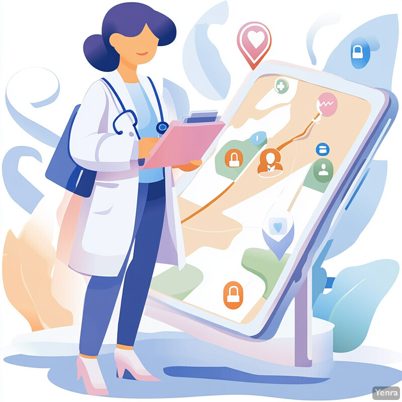 Illustration of a female physician standing next to a large smartphone.