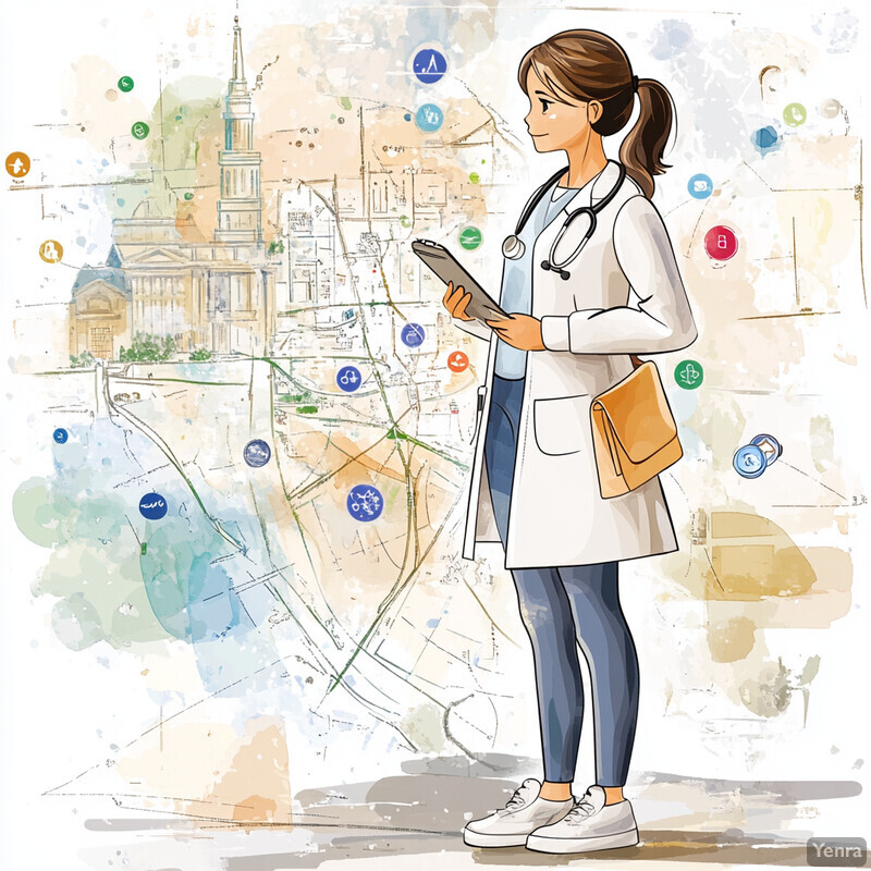 A woman in a white lab coat stands in front of a city map, holding a tablet and wearing a stethoscope.