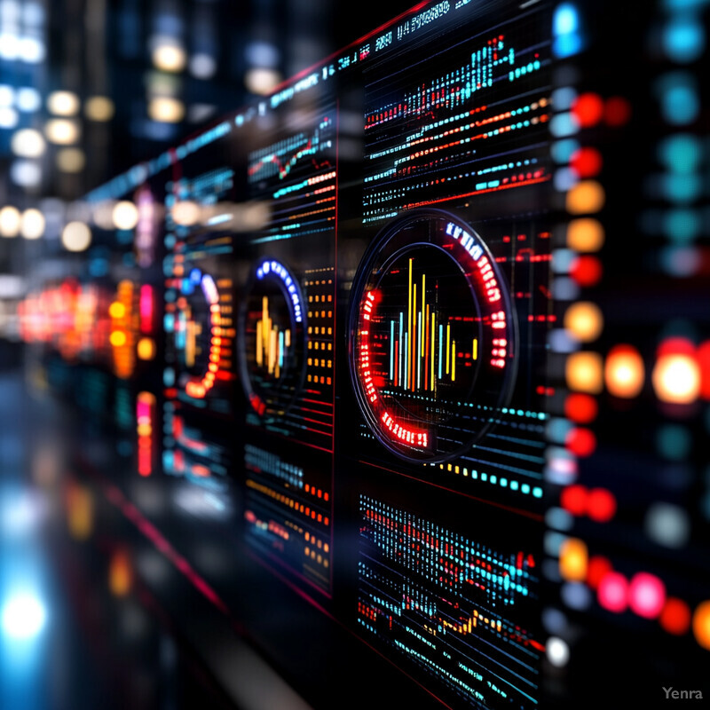 A futuristic control room with multiple screens displaying various data and graphs.