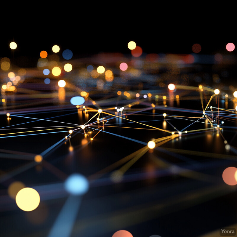 A network of interconnected nodes and lines with various colored lights scattered throughout a dark cityscape.