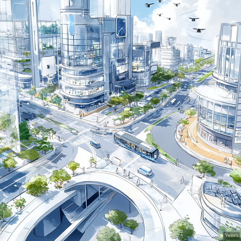 A futuristic cityscape with modern architecture and advanced transportation systems.