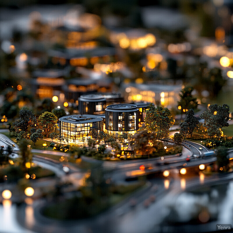 A miniature model of a cityscape at night, featuring several buildings and roads.