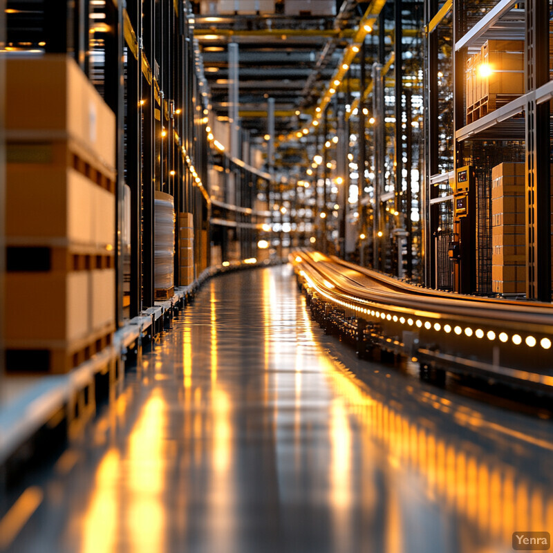 A well-organized warehouse with rows of shelves stocked with boxes and packages, suggesting efficient storage and organization.