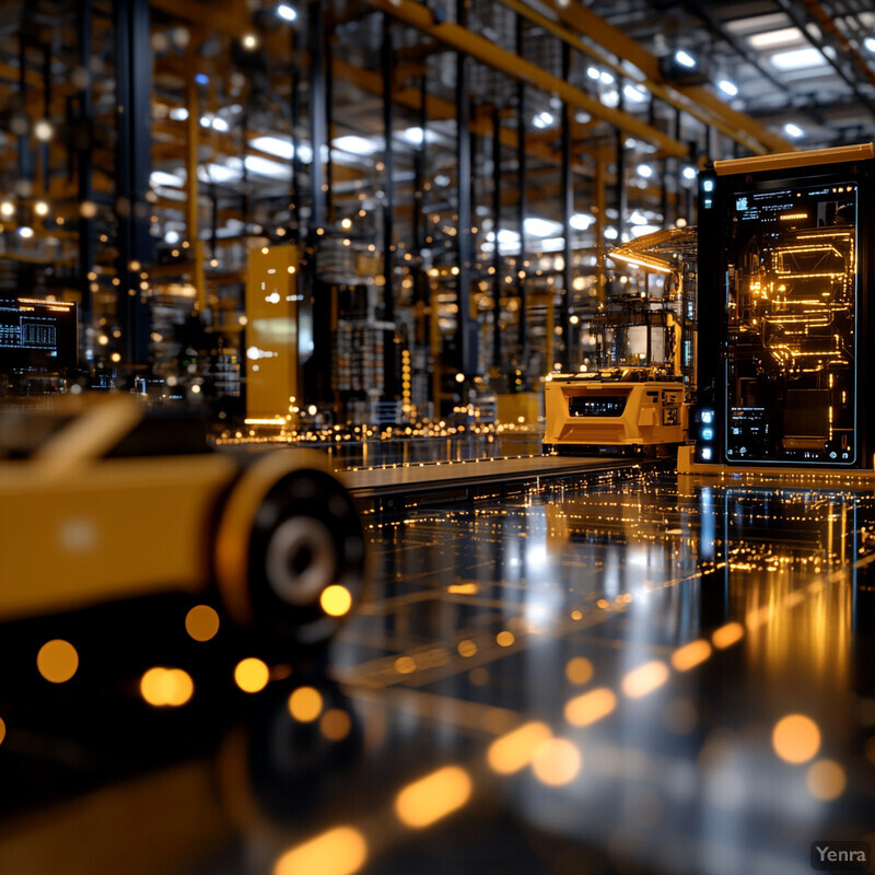 An industrial warehouse or factory setting with yellow and black machines and equipment on a shiny floor.